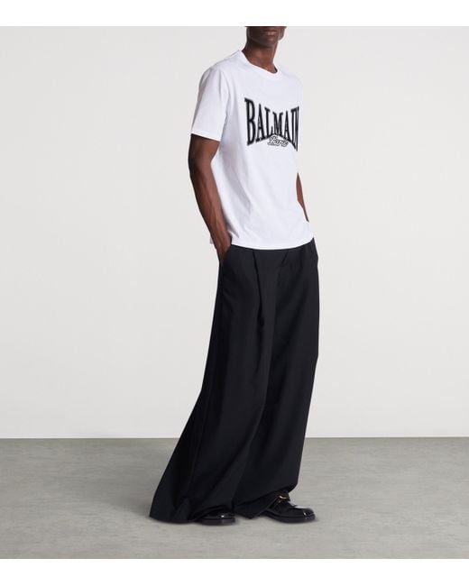 Balmain White Cotton Flocked Logo T-Shirt for men
