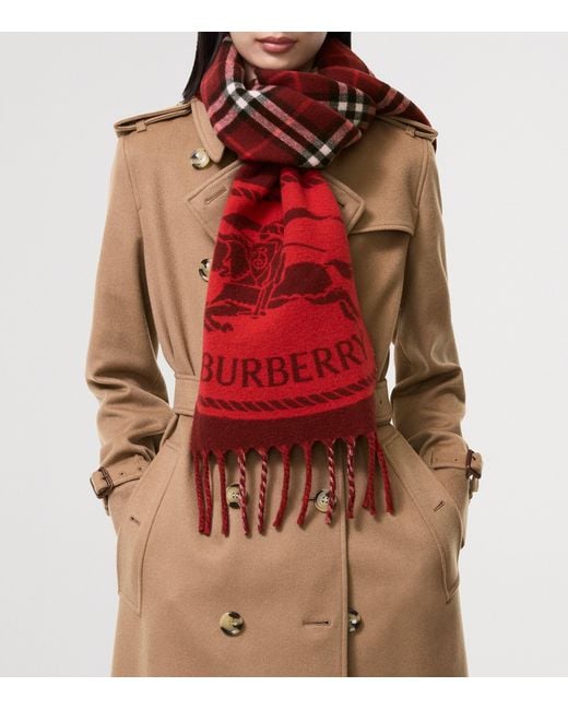 Burberry Red Cashmere Reversible Knight Stamp Scarf