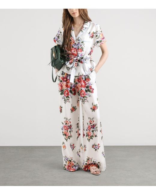 Dolce & Gabbana White Satin Floral Drawstring Trousers