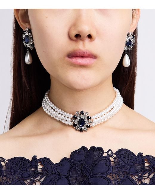 Self-Portrait Blue Faux Pearl And Crystal-Embellished Drop Earrings