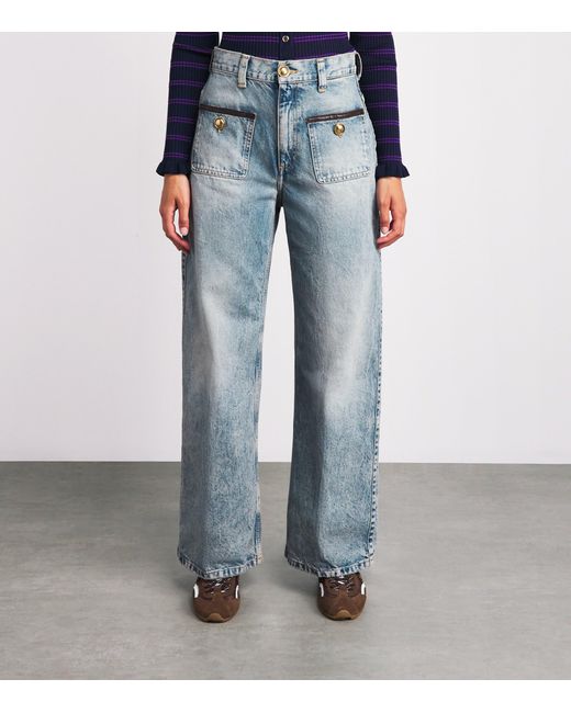 Sandro Blue Leather-Trimmed Straight Jeans