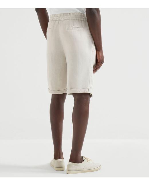 Brunello Cucinelli White Linen Drawstring Bermuda Shorts for men