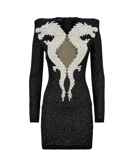 Balmain Black Long Sleeve Dragon-embellished Sequin Dress