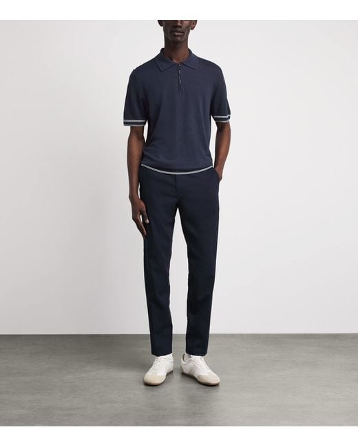 Boss Blue Linen-Blend Zip-Up Polo Shirt for men