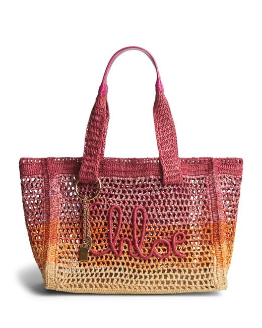Chloé Red Raffia Summer Banana East-West Tote Bag