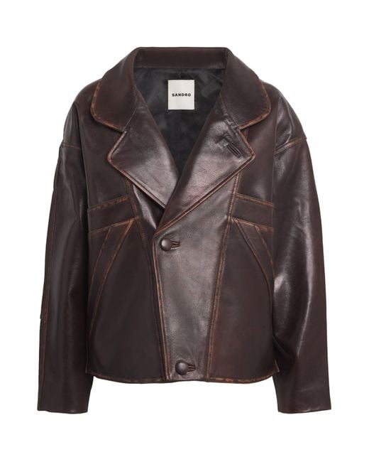 Sandro Black Double-Breasted Leather Jacket