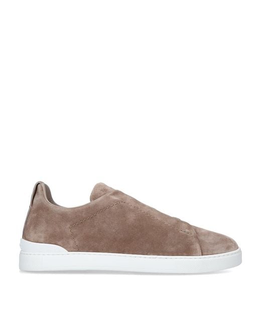 Zegna Brown Suede Triple Stitch Sneakers for men