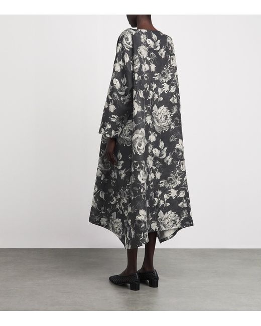 Eskandar Gray Linen Floral Scoop-Neck Midi Dress