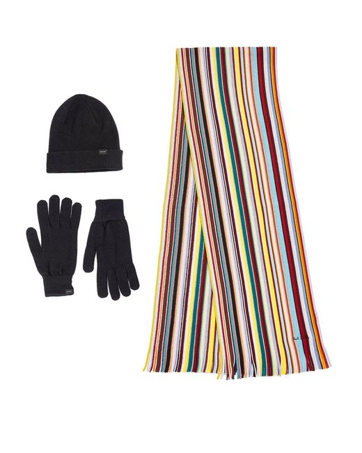 Paul Smith White Wool Striped Scarf, Beanie And Gloves Set for men