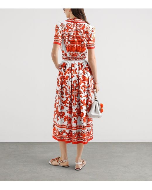 Dolce & Gabbana Red Silk Majolica Print Midi Shirt Dress