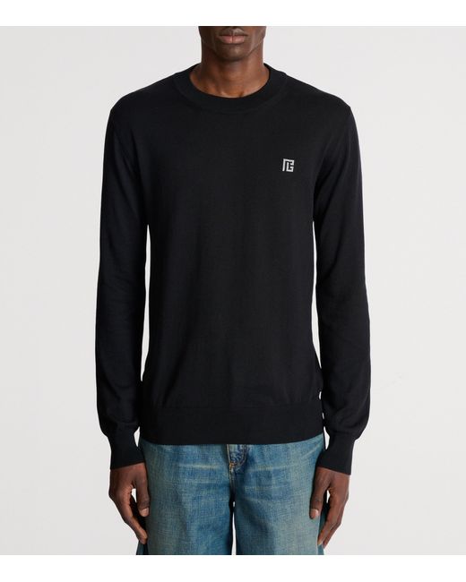 Balmain Blue Silk-Blend Logo Sweater for men