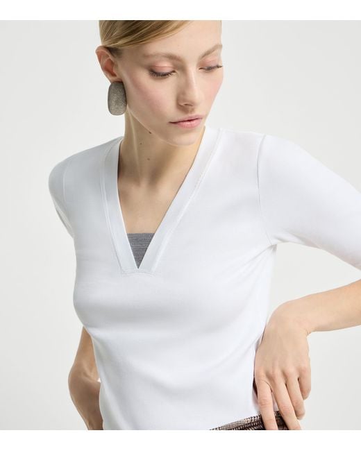 Brunello Cucinelli White Stretch-Cotton Monili-Detail T-Shirt