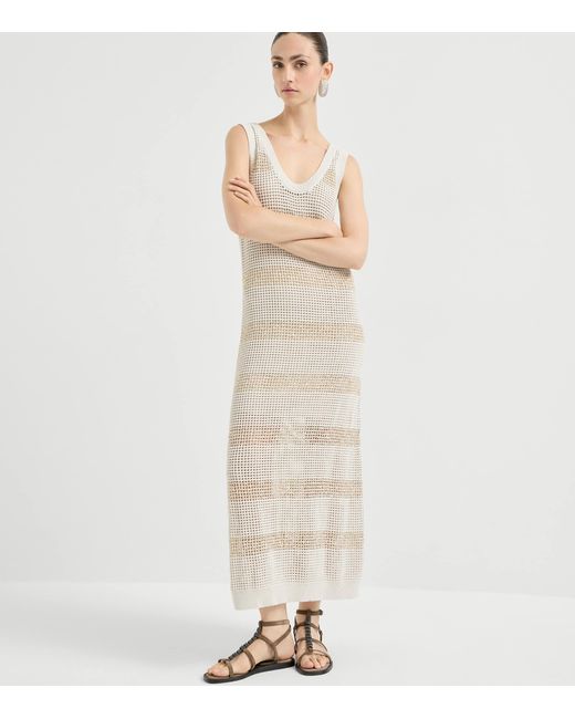 Brunello Cucinelli White Cotton Stripe Knit Maxi Dress