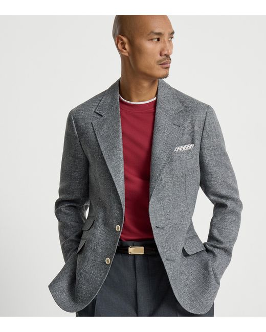 Brunello Cucinelli Blue Silk-Linen-Wool Blazer for men