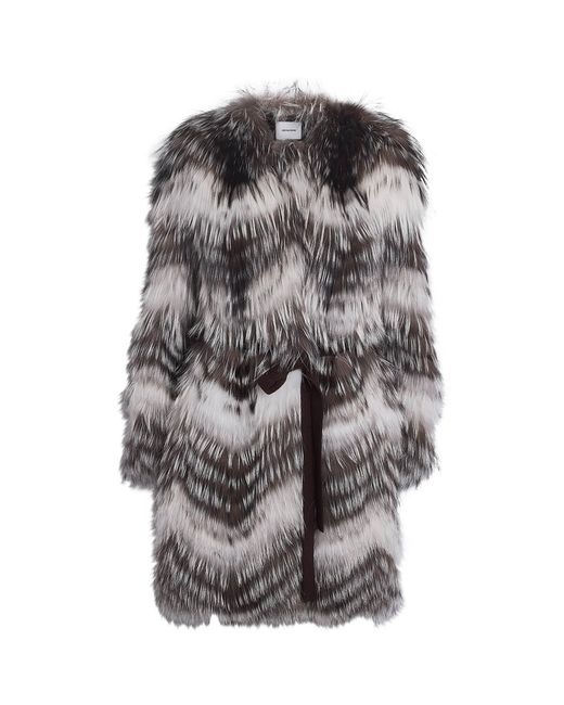 Yves Salomon Gray Fox Fur-Wool Belted Coat