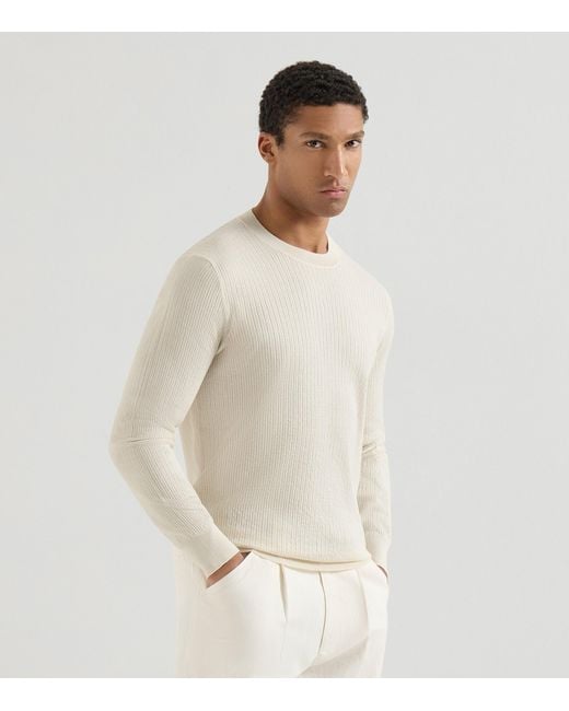 Brunello Cucinelli White Cotton Ribbed Sweater for men