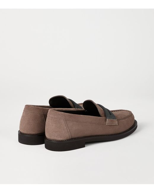 Brunello Cucinelli Brown Suede Monili-Embroidered Penny Loafers