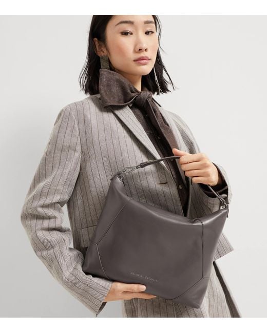 Brunello Cucinelli Gray Leather Bc Duo Shoulder Bag