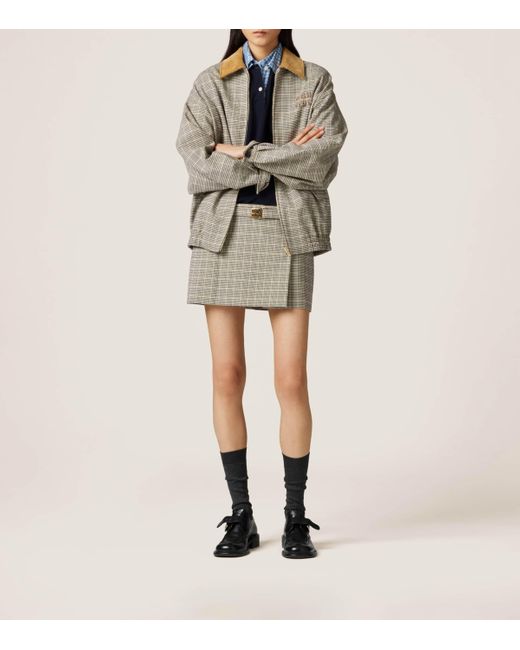 Miu Miu Brown Fleece Wool-Blend Check Mini Skirt