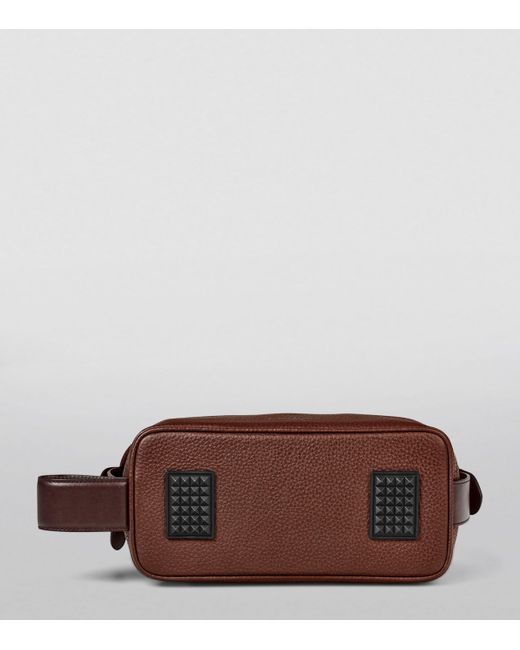 Aspinal Brown Leather Reporter Wash Bag for men