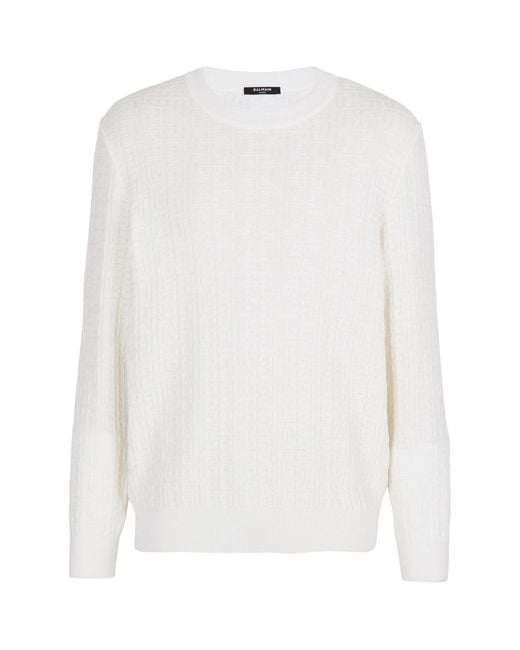 Balmain White Wool-Linen-Blend Monogram Sweater for men