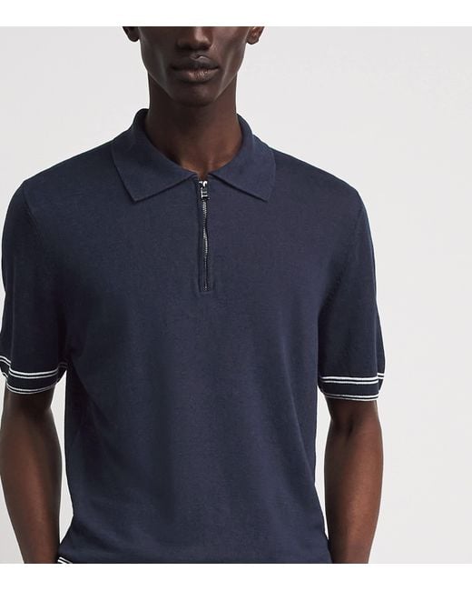 Boss Blue Linen-Blend Zip-Up Polo Shirt for men