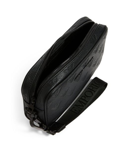 Emporio Armani Black Leather Debossed Wash Bag for men