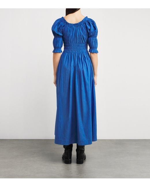 doen blue silk dress Doen Beaded Blue Silk Wedding Guest Dress by Doen