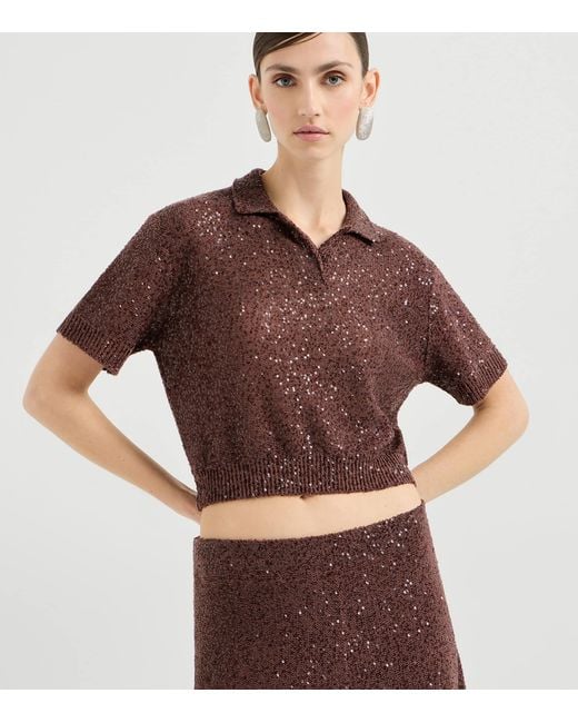 Brunello Cucinelli Brown Sequin Collared Top