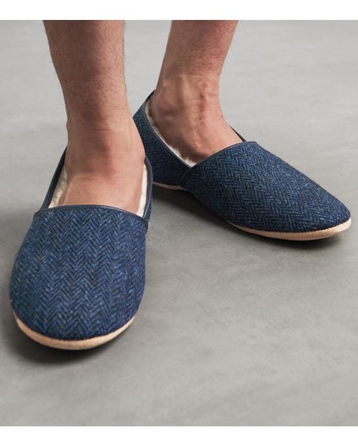 Derek Rose Blue Shearling-Lined Crawford Slippers for men