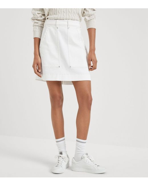 Brunello Cucinelli White Garment-dyed Carpenter Mini Skirt