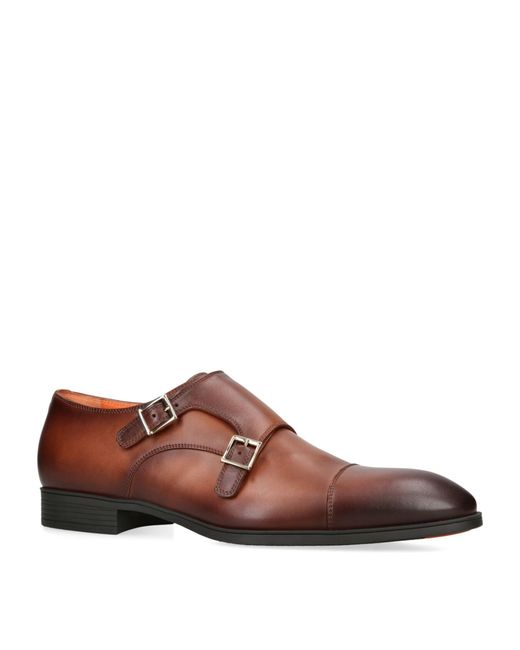 Santoni Brown Leather New Simon Double Monk Shoes for men