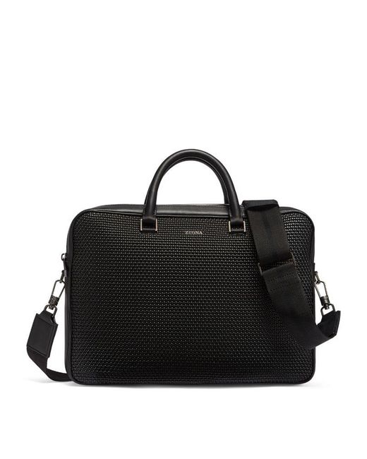 Zegna Black Leather Pelletessuta Messenger Bag for men