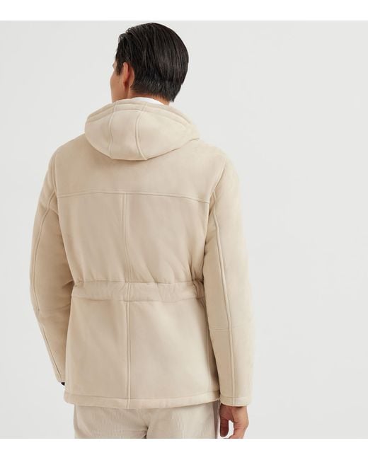 Brunello Cucinelli Natural Suede-Shearling Hooded Jacket for men