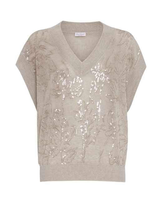 Brunello Cucinelli White Linen-blend Dazzling Flower Sweater
