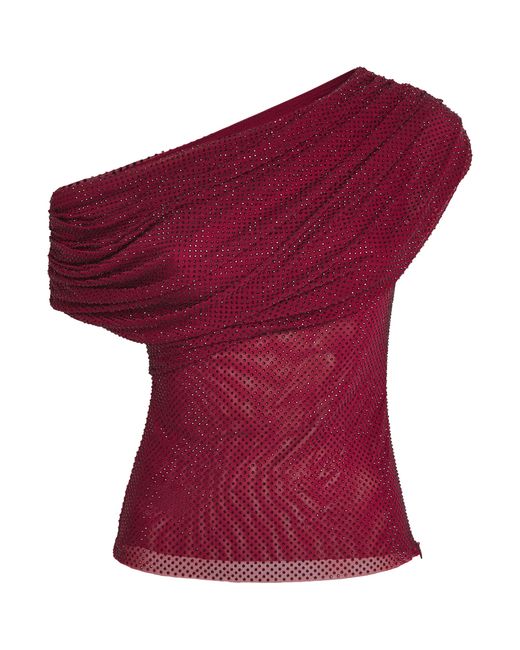 Self-Portrait Red Rhinestone-Embellished Draped Top