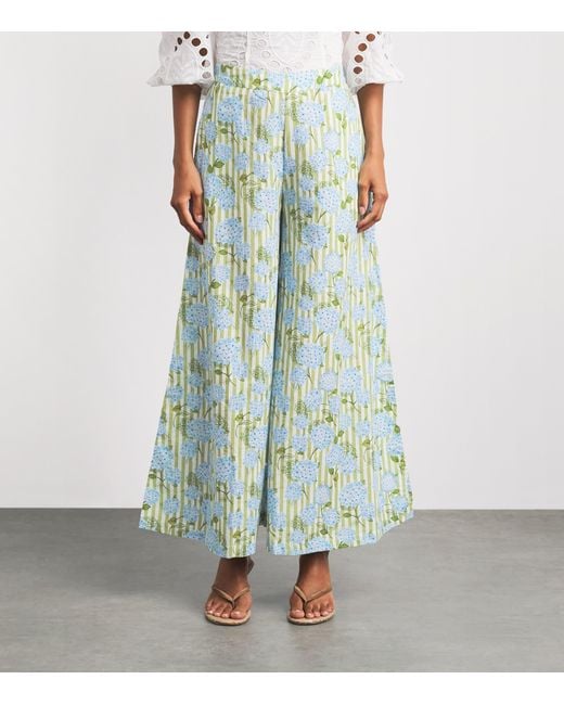 VERANDAH Blue Linen-Cotton Wide-Leg Hydrangea Trousers