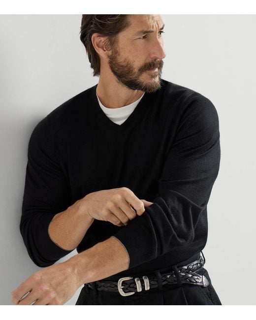 Brunello Cucinelli Black Cashmere-Silk V-Neck Sweater for men