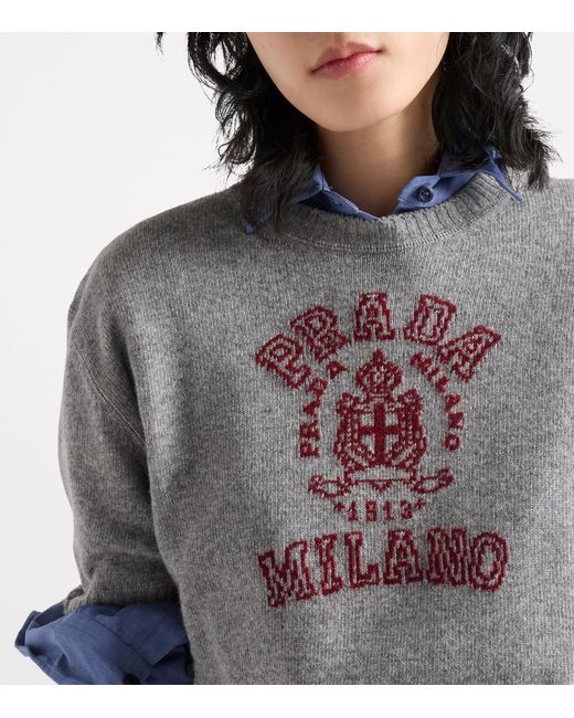 Prada Gray Wool-Cashmere Logo Sweater