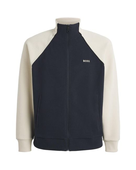 Boss Blue Cotton-Blend Zip-Up Sweatshirt for men