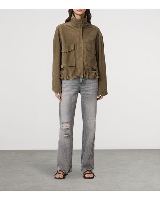 AllSaints Green Suede Clay Bomber Jacket