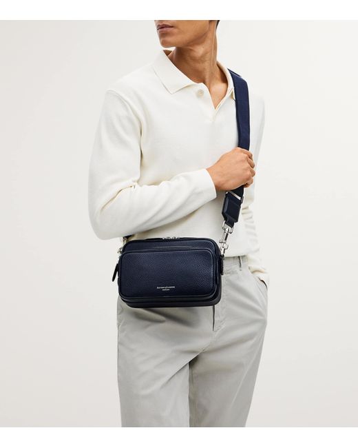 Aspinal Blue Leather Reporter East West Messenger Bag for men