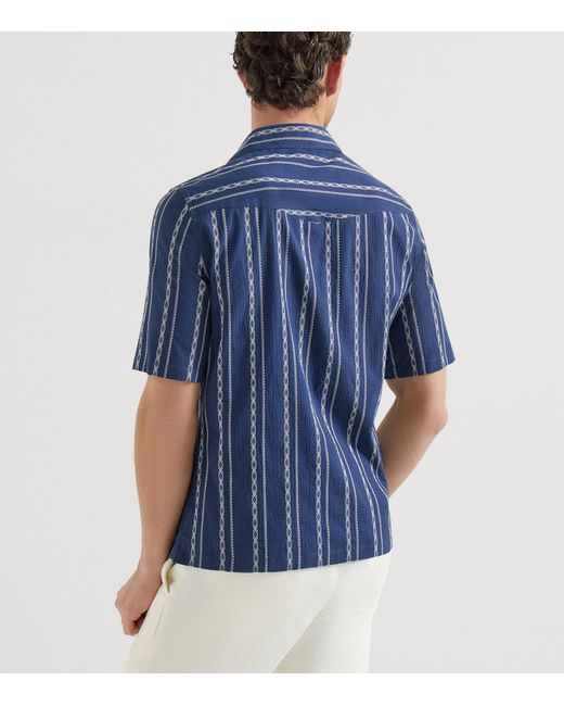 Brunello Cucinelli Blue Stretch-Cotton Stripe Short-Sleeve Shirt for men