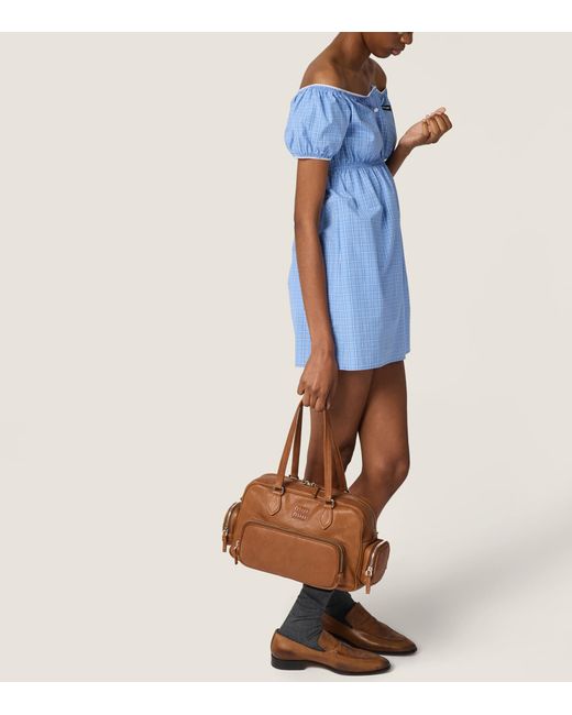 Miu Miu Blue Cotton Poplin Check Mini Dress