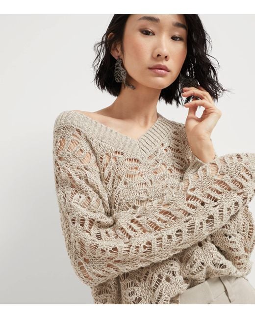Brunello Cucinelli Gray Linen-Blend Foliage Sweater