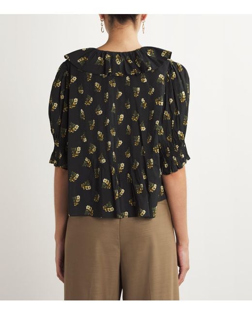 Doen Black Buttercup Bouquet Ruffled Henry Blouse