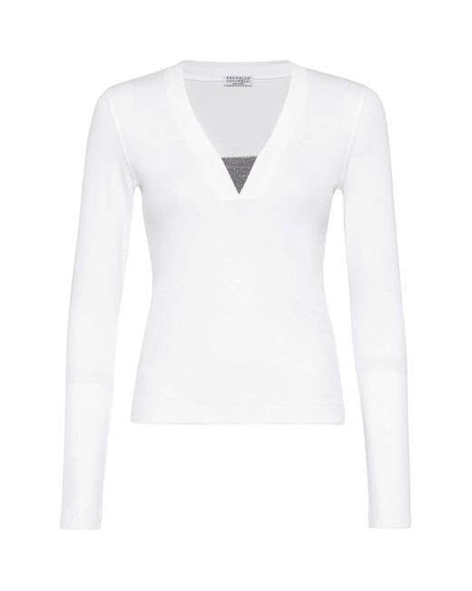Brunello Cucinelli White Stretch-Cotton Monili-Detail T-Shirt