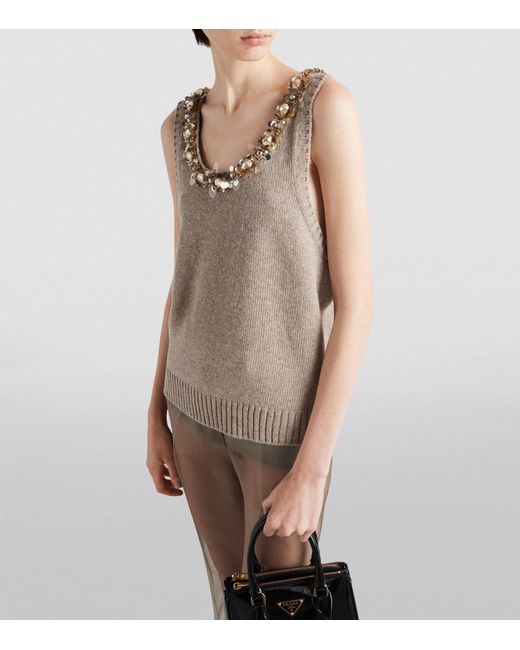 Prada Natural Wool-cashmere Embellished Sleeveless Top