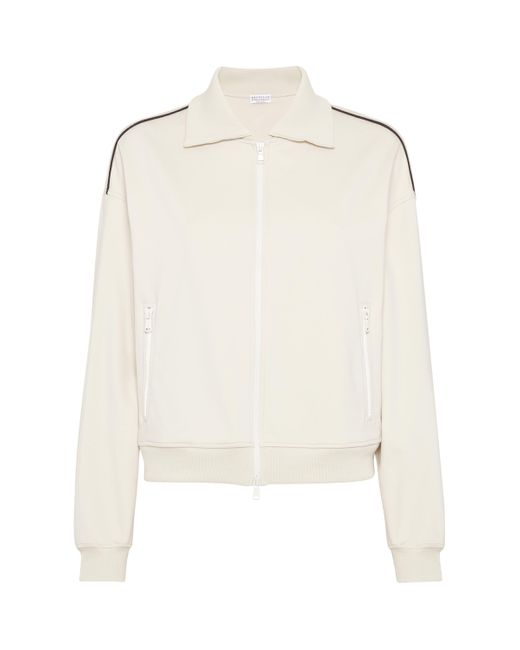 Brunello Cucinelli White Cotton-Blend Zip-Up Monili Sweatshirt