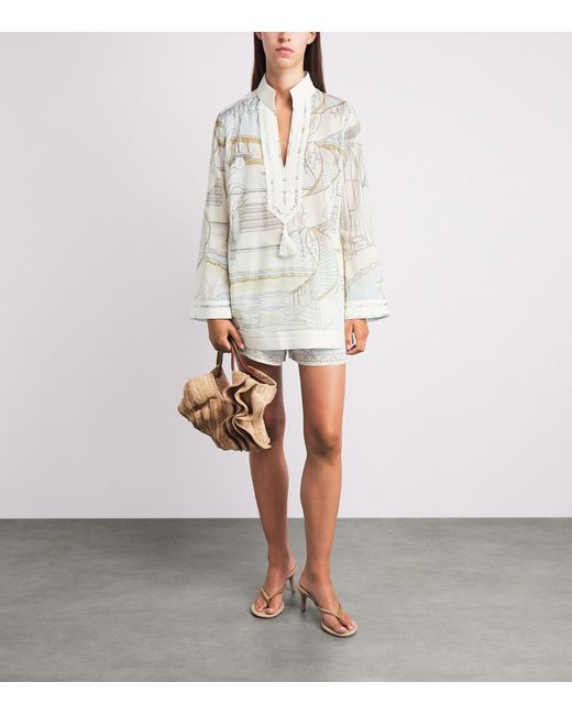 Tory Burch White Printed Plunge-Neck Mini Dress